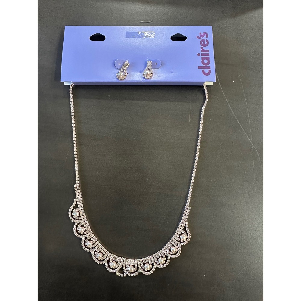 Claire's Necklace and Earrings Set Rhinestone Pearl Rose Gold Tone
